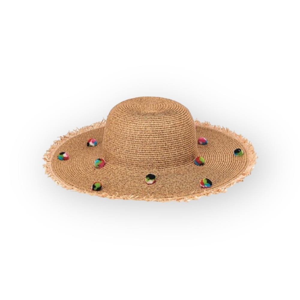 new ✶ Pom Pom Embellished ✶ Raffia Straw Wide Brim Sun Hat ✶ Resort Cruise Chic - Picture 13 of 16